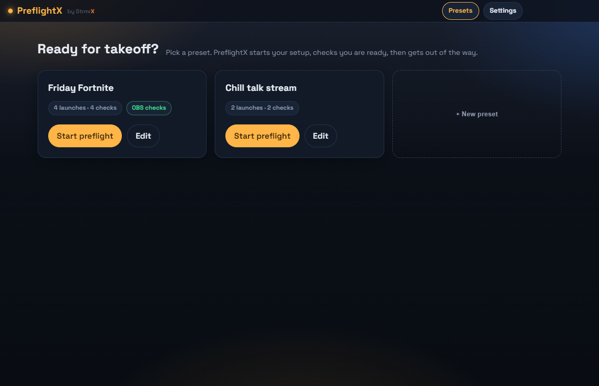 Preset cards on the home screen